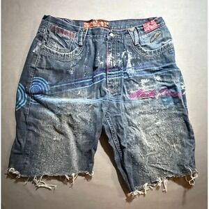 Stash House Mens Denim Shorts Distressed Graffiti Art Raw Hem Mens 36X11.‎